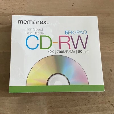 Memorex High Speed Blank CD-RW 12x 700MB 80 Minutes with Cases 5 Pack New - Image 1 of 3