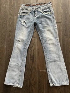 Mens "THE BUCKLE" Rock Revival Destroyed JASON Boot Leather Inserts Jeans 30x32 - Picture 1 of 13
