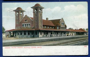 Grand Trunk Railroad Depot Battle Creek Michigan Flag Cancel postcard - Picture 1 of 2