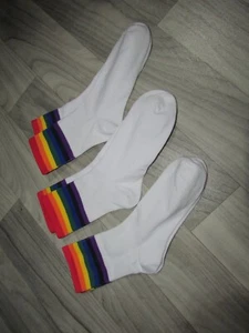 Womens Mens Rainbow Stripe White Crew Sports Socks Gay Pride LGBTQ Trans LGBT 3 - Picture 1 of 6
