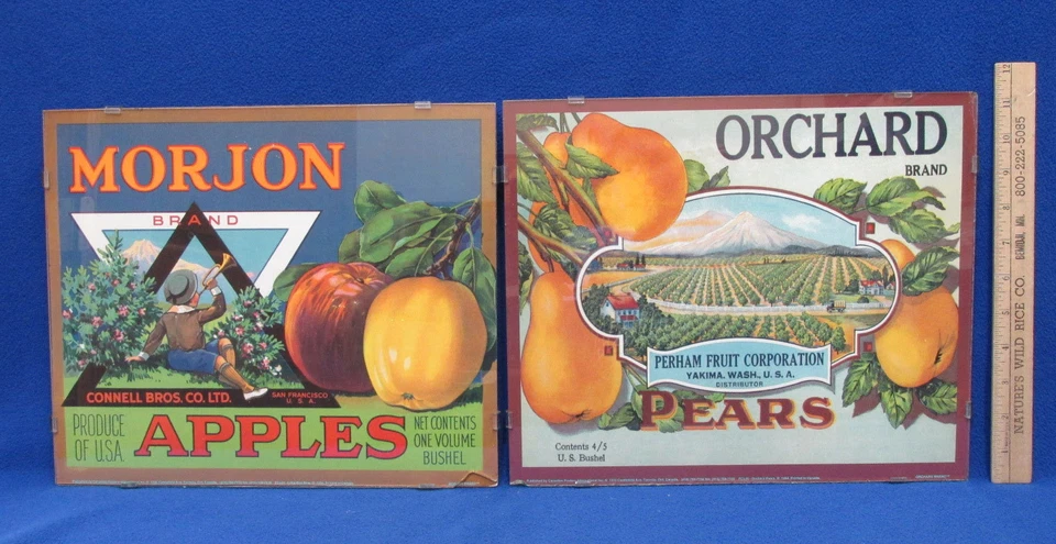 Reproduction Fruit Crate Labels Orchard Pears Morjon Apples Plastic Frames Clear - Image 1 of 4