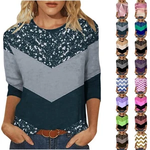Women Color Block 3/4 Sleeve Tunics Tops Casual Round Neck Loose Shirts Blouse - Picture 1 of 69