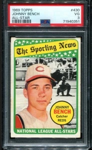 PSA 3 EN MUY BUENA CONDICIÓN 1969 TOPPS JOHNNY BENCH #430 ALL-STAR REDS HOF 40351 KD264 - Imagen 1 de 2