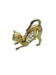 FIGURA GATITO GATO CON ELEMENTO DE CRISTAL TACHONADA AGACHADA CHAPADA EN ORO 24K - Imagen 1 de 5