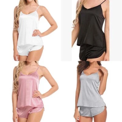 Shorts Lingerie Solid Satin Women Babydoll Pajama Set Casual Sleepwear Sexy Cami - Image 1 of 4