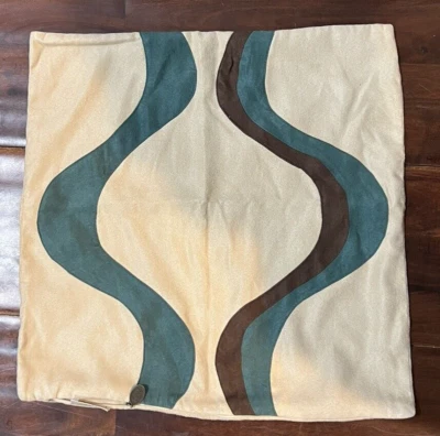 Pier 1 Imports Micro Suede Throw Pillow Cover Retro Zippered 18”x18” Green/Brown - Image 1 of 4