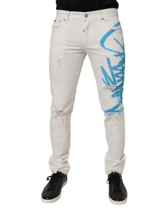 Dolce & Gabbana White Tattered Graffiti Skinny Denim Men's Jeans Authentic - Picture 1 of 5