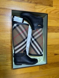 BURBERRY SIMEON BLACK RUBBER BEIGE CHECK LOGO KNEE HIGH RAIN BOOTS US- 5 / EU-36 - Picture 1 of 6