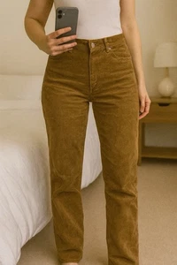 Pretty Little Thing Tall Tan Cord Straight Leg Split Hem Trousers Size 8 - Picture 1 of 7