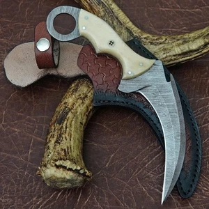Custom Handmade Damascus Steel Karambit Knife, Unique Leather Sheath, Camel Bone - Picture 1 of 5