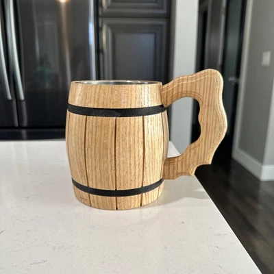 Light Brown Oak Wooden Beer Barrel Tankard Viking Mug Stainless Steel Liner - Image 1 of 4