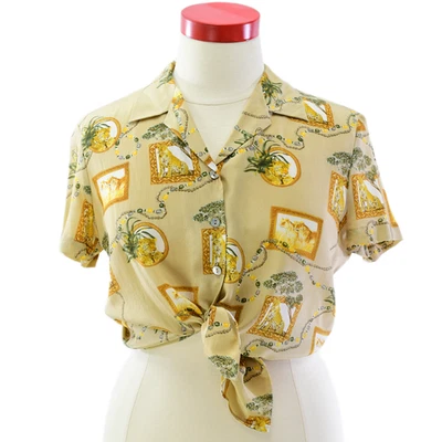 90-х годов винтажный сафари печать шелк блузка женщин L бежевый золотой джунгли Cat новинка Топ - Изображение 1 из 4