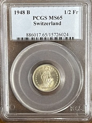 1948-B***SWITZERLAND 1/2 SILVER FRANC***PCGS MS65*** - Image 1 of 4