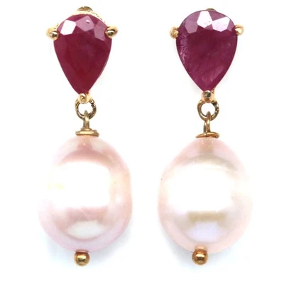 Plata de ley 925 9 x 12 mm. Pendientes de perlas melocotón y rubí rosa Foto 1 de 4