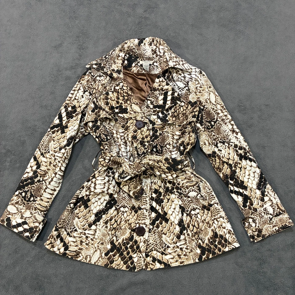 Vertigo Paris Brown Snake Print Belted Stretch Trench Coat Women's Size XL - Image 1 of 4
