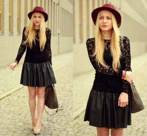 Rare ZARA Black Lace Leather Combined Dress Long Sleeve short Dress S Bloggers - Picture 1 of 10