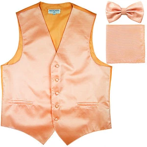New men formal tuxedo vest waistcoat & bow tie horizontal stripes peach wedding - Picture 1 of 4