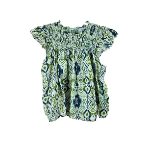 THE ODELLS womens size L blue green smocked flutter sleeve cotton blouse top - Picture 1 of 4