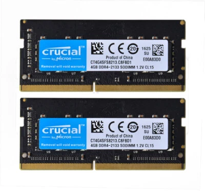 8GB Crucial 2x 4GB 1RX8 DDR4-2133 PC4-2133P 1.2V CL15 SODIMM Laptop Memory RAM # - Image 1 of 4
