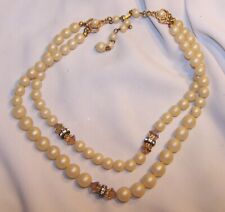 Vintage Beaded Crystal Rhinestone Faux Pearl Necklace-2 Strands-Light Weight