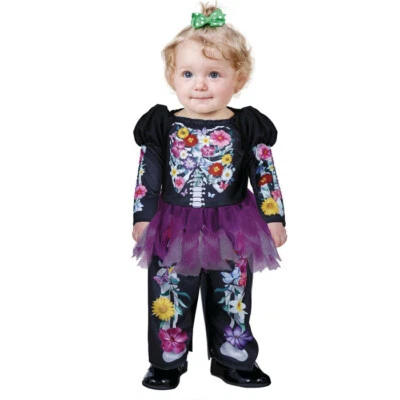 Costume scheletro messicano bambina travestimento la muerte carnevale 12-24 mesi - Immagine 1 di 4