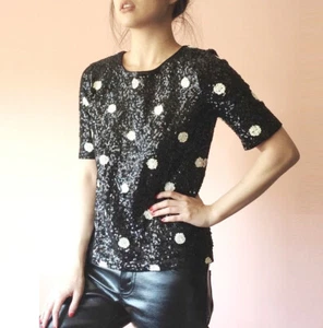 J CREW 28614 Short Sleeve Sequin Embellished Top T-Shirt Polka Dot Tee Black M - Picture 1 of 10