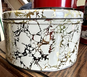 Vintage Round Tin Container Gold Tone White Crackle Finish - Picture 1 of 10