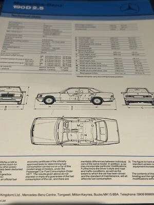 Mercedes Benz 190D 2.5 Datos Técnicos Gama Coche Información de Ventas Folleto Hoja 1988 Foto 1 de 2