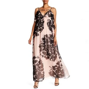 TRINA TURK Pink Black Floral Print V-Neck Ruffle Chiffon Midi Maxi Dress 12 = L - Picture 1 of 6