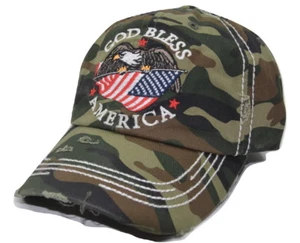 God Bless America Eagle and Flag Distressed Adjustable Camo Cotton Cap Dad Hat - Picture 1 of 6
