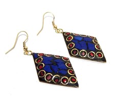 Unique Lapis & Coral Stone Tibetan Jewelry Dangle Handmade Earrings E-123