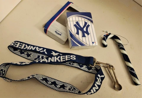 3 MLB NY Yankees collectibles: Deck of cards (sealed), cane tree ornament & belt Cover