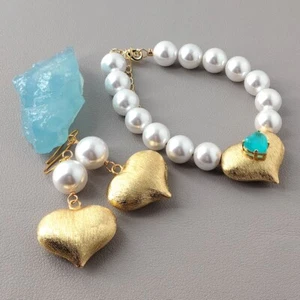 12mm-14mm White sea shell Pearl Brushed Heart Green Quartz Bracelet Earrings Set - Picture 1 of 9