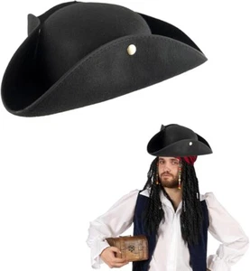 1 x Adult Black Pirate Hat Tricone Cap Fancy Dress Bachelor Party Accessories - Picture 1 of 1