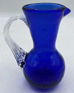 Small Cobalt Blue Crackel Glass Creamer Pitcher With Applied Clear Handle 4" - Picture 1 of 6
