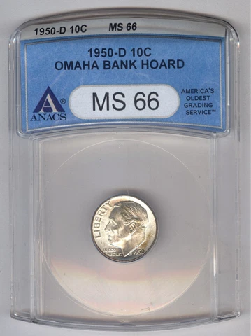 1950-D Roosevelt Silver Dime 10C + SILVER + ANACS + MS 66 + Omaha Bank Hoard Cover