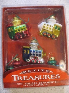 Scatola vintage di 5 Kurt Adler Petite Treasures locomotiva vetro ornamento natalizio - Foto 1 di 5
