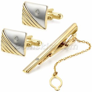 Polished Gold Tone Metal CZ Cufflinks Tie Bar Clasp Clip Set Men's Modish Gift