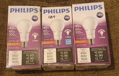 3-Philips LED 3-Way Light Bulbs A21 - Soft White - 40/60/100W Tested B4 Shipping - Image 1 of 4