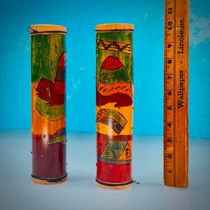 Pair of Hand-Painted Rain Sticks / Rain Sound Makers – 10” Bamboo Folk Art Decor - Picture 1 of 3