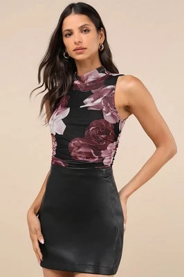 Lulus Chicest Option Black and Purple Floral Mesh Mock Neck Bodysuit Size S New - Image 1 of 4