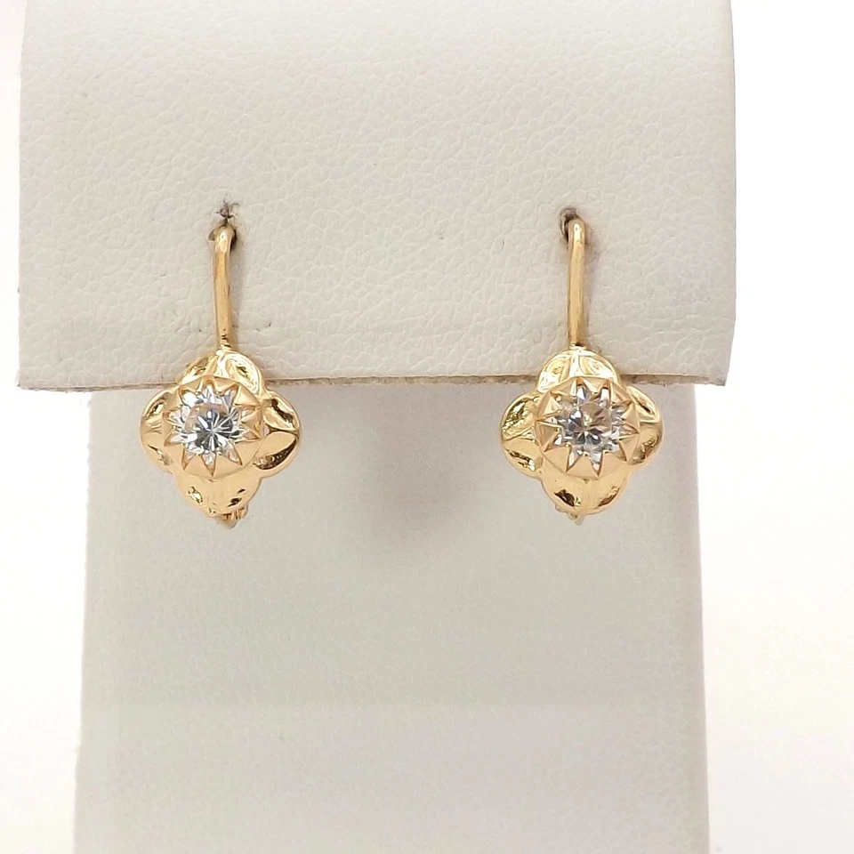 Solid 18k Gold Quatrefoil Drop Leverback Italian Earrings April Birthstone New - Image 1 of 1