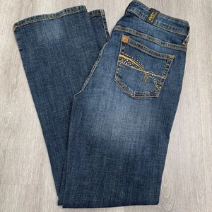 Aura Bootcut Jeans verzierte Taschen Schlag dunkle Waschung Denim Damen Gr. 2 kurz - Bild 1 von 12