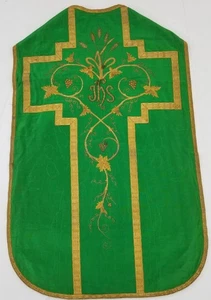 Antique French Gold Metallic Embroidered & Trim IHS Monogram Chasuble 101x65cm - Picture 1 of 12