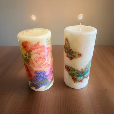 Pillar Candles Lot of 2 Flowers And Butterflies  6” Vintage Ashland Hong Kong - Image 1 of 2
