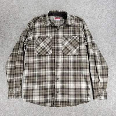 Vintage Wrangler Fleece Shacket Small Brown Plaid Flannel Button Up Winter Work - Image 1 of 4