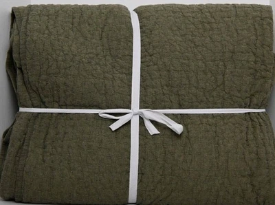 Pottery Barn Pick-Stitch Handcrafted Cotton Linen Quilt, F/Q 92" x 88" Loden New - Image 1 of 4