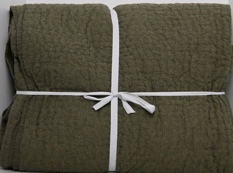 Pottery Barn Pick-Stitch Handcrafted Cotton Linen Quilt, F/Q 92" x 88" Loden New - Image 1 of 4