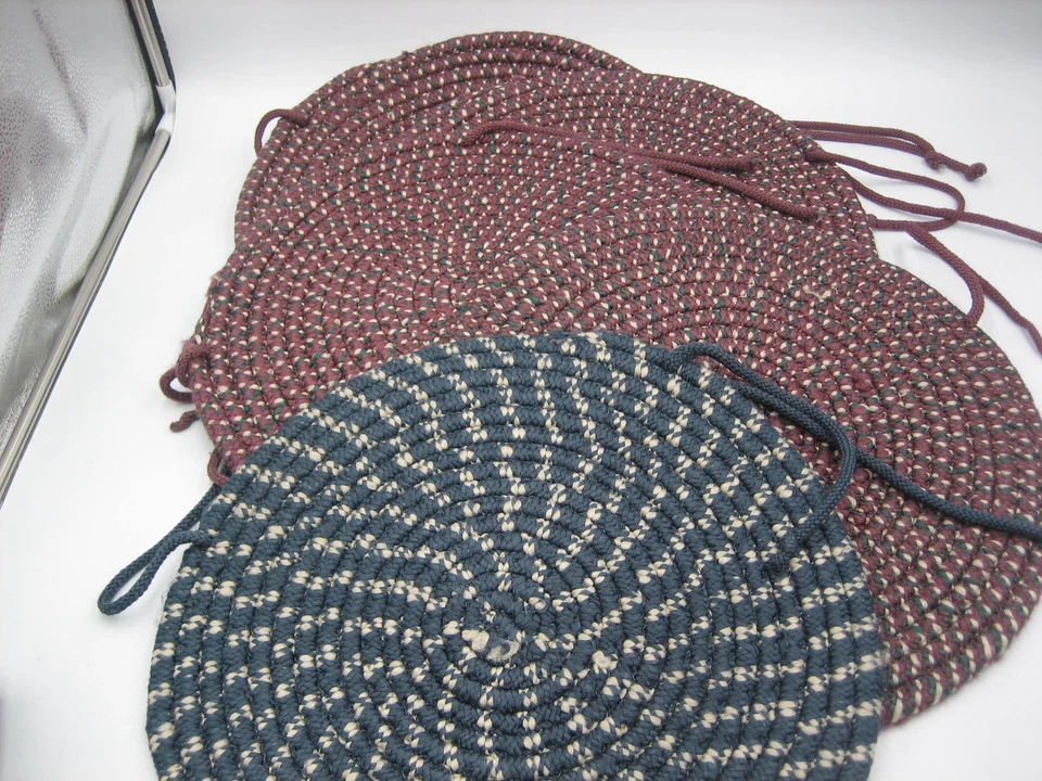 Vintage Braided Round Chair Pads Set of Five Green / Burgandy & Blue 15.5" READ - Image 1 of 3