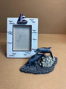 Resin Grey Dolphins figurine & Sailboat frame .- Dolphins Sculpture - Picture 1 of 10